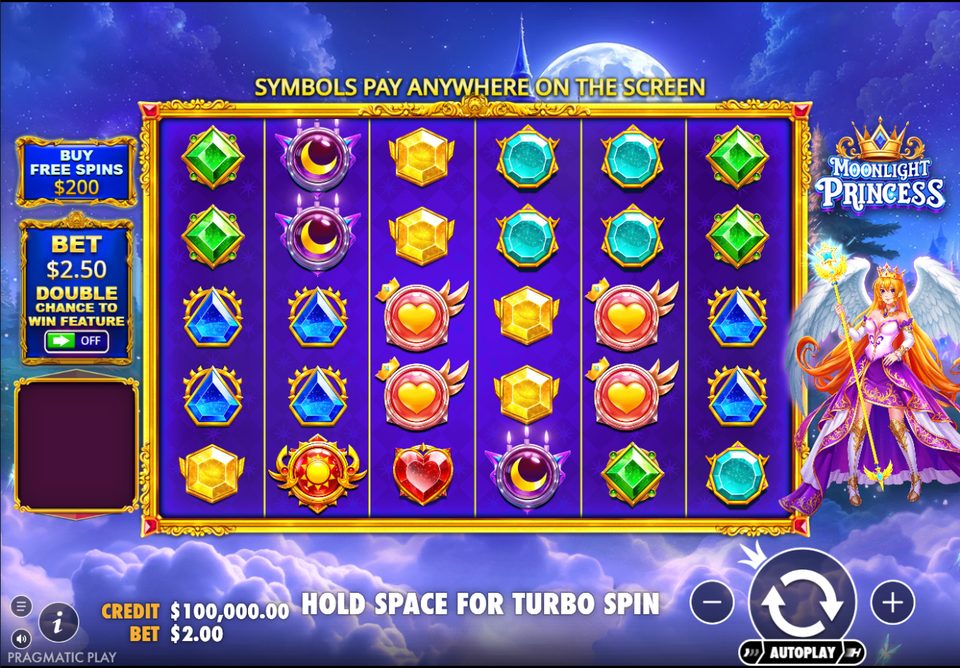 Moonlight Princess base game in Fun Play: the 6 by 5 grid, the Buy Free Spins button at 200 dollars, the Double Chance to Win switch at 2.50 dollars, a 100,000 dollar demo balance and a 2 dollar bet.