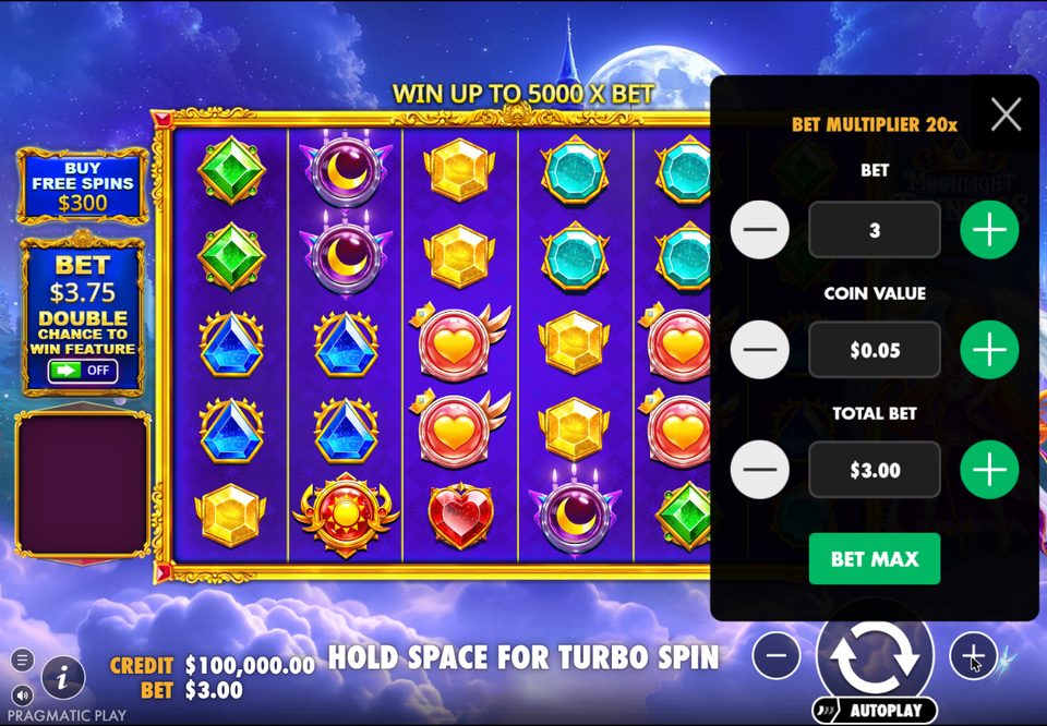 The bet menu over the grid: bet multiplier 20x, bet level 3, coin value 0.05 and total bet 3.00, each with minus and plus buttons, and a green Bet max button. The Buy Free Spins button now reads 300 dollars.
