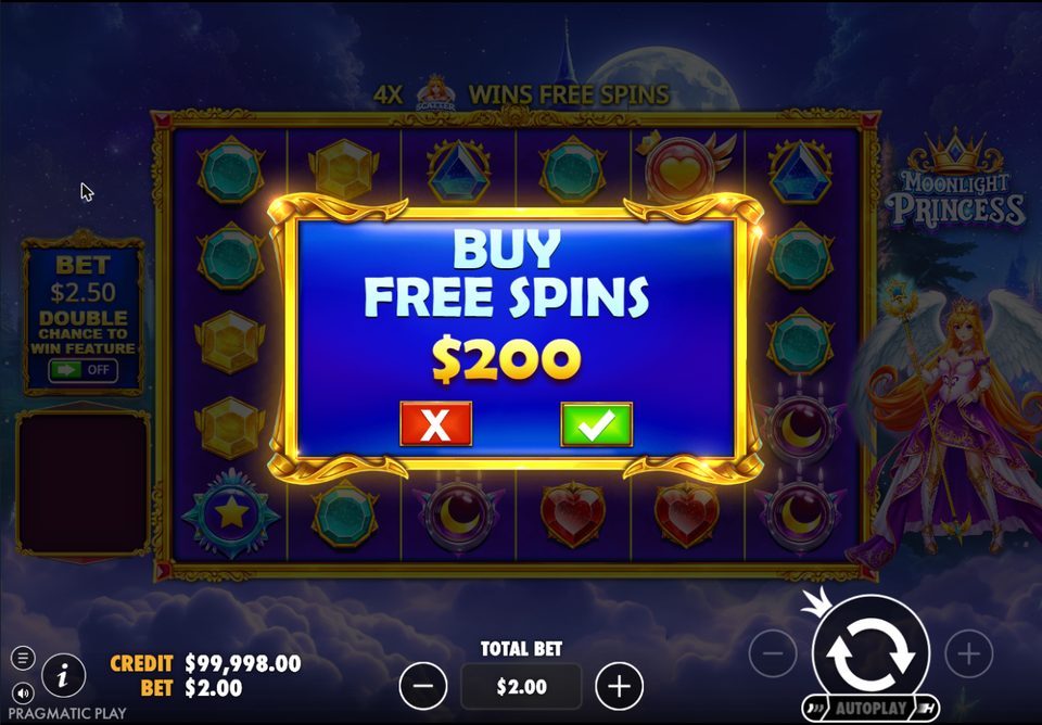 Buy Free Spins confirmation window for 200 dollars at a 2 dollar total bet.