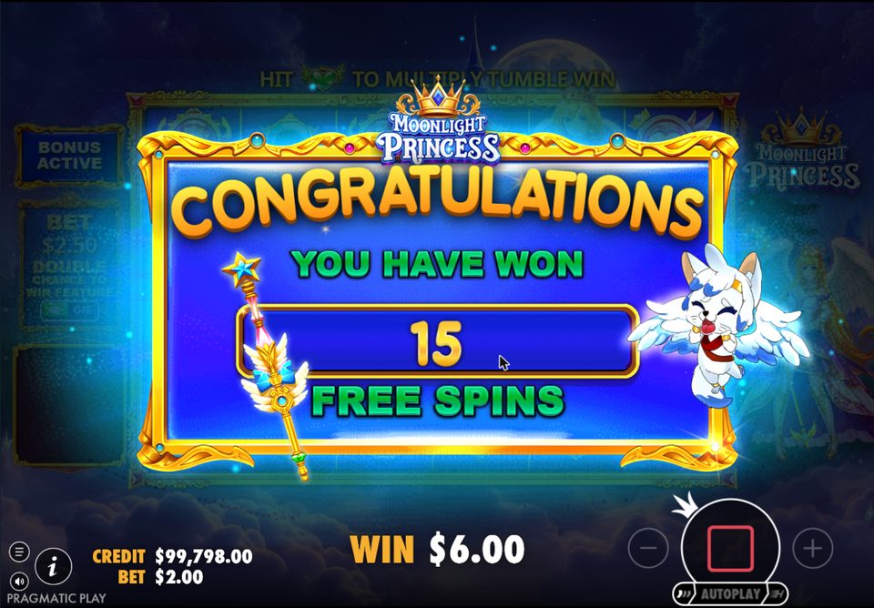 Congratulations screen: you have won 15 free spins, with the winged cat on the right, a star staff on the left and a 6.00 scatter win at a 2.00 bet.