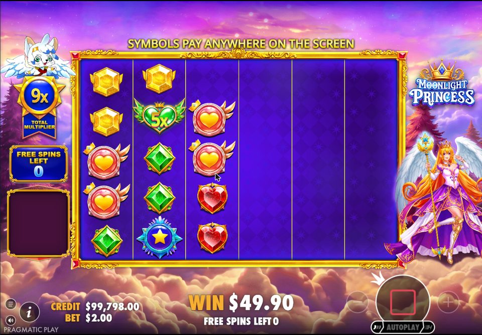 The last free spin: a 5x heart on the grid, a 9x total multiplier, 0 free spins left and a 49.90 total win.