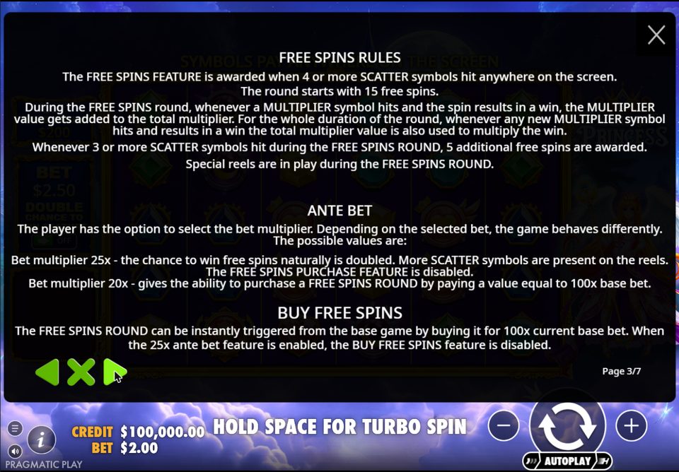 Rules page for free spins, the ante bet and buy free spins: 4 or more scatters award 15 free spins, multiplier values are added to the total multiplier, 3 or more scatters award 5 more spins, the 25x ante doubles the chance of free spins and the round can be bought for 100x the base bet.