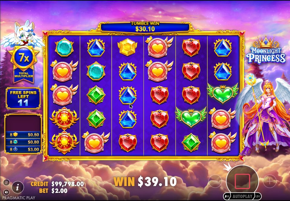 The winged cat holds a 7x total multiplier, the tumble win reads 30.10 and the total win 39.10, with 11 free spins left.