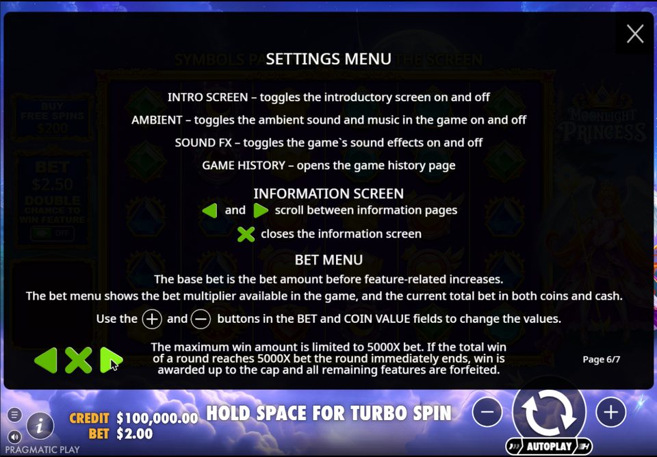 Rules page on settings and the bet menu, ending with the note that the maximum win is limited to 5000x the bet and a round that reaches it ends immediately.