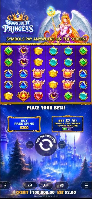 Moonlight Princess base game on a phone: the logo and princess above the grid, Place your bets, the Buy Free Spins button at 200 dollars and the Double Chance to Win switch side by side, the spin button with minus and plus, and a bottom bar with info, autoplay, speed, bet and menu buttons above a 100,000 dollar credit and a 2 dollar bet.