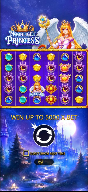 Moonlight Princess intro screen on a phone: the logo and the winged princess at the top, the 6 by 5 grid in the middle, and Win up to 5000 x bet, a round continue button and a medium volatility badge over the moonlit castle below.