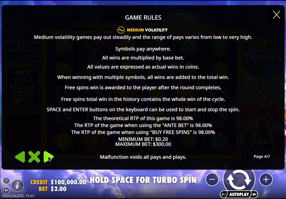 Game rules page: medium volatility, a theoretical RTP of 98.00 percent for the game, with the ante bet and with buy free spins, and bets from 0.20 to 300 dollars.